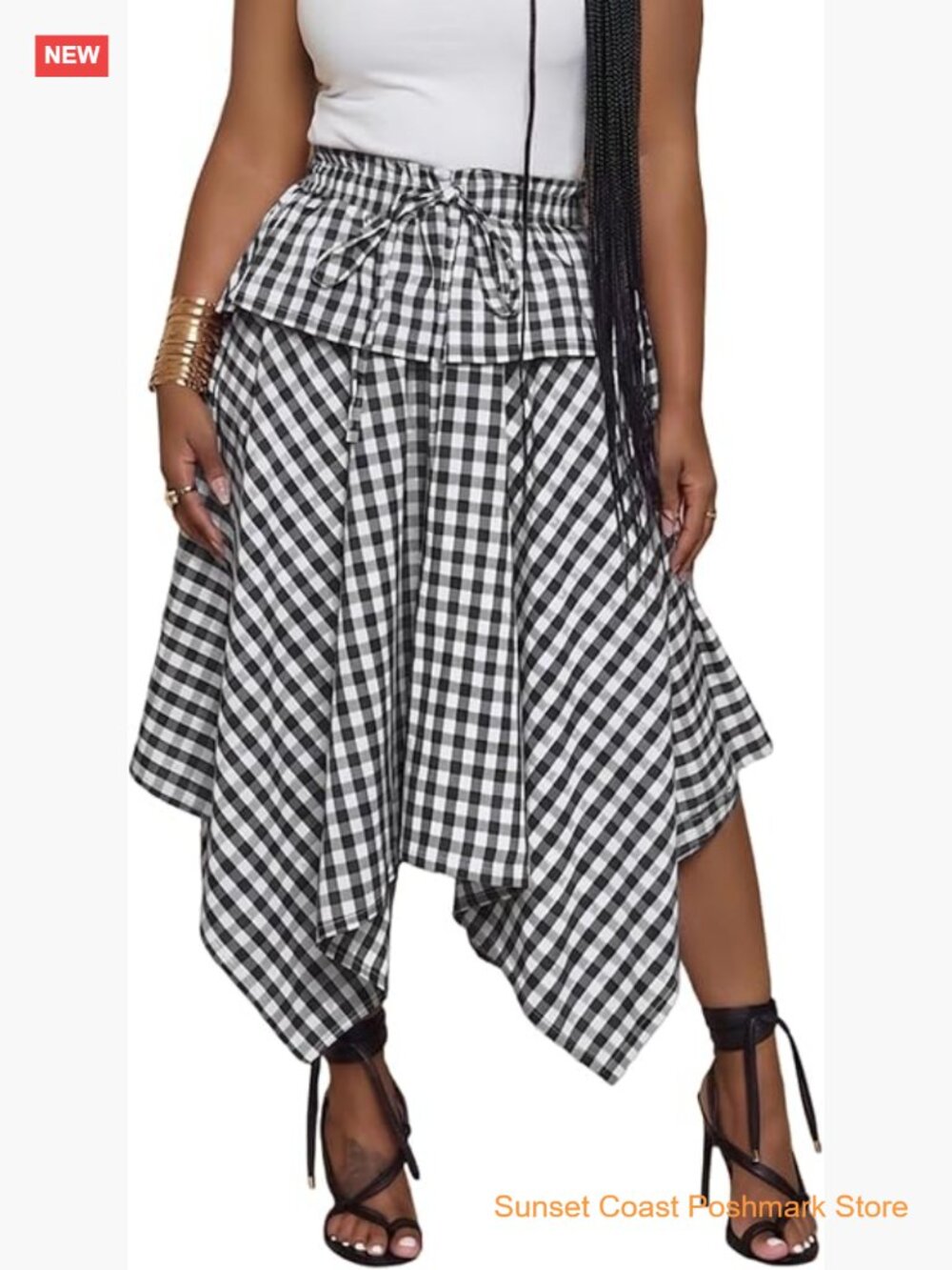 Vintage Plaid Asymmetrical Midi Skirt High Waist Ruffle Handkerchief Hem Flowy